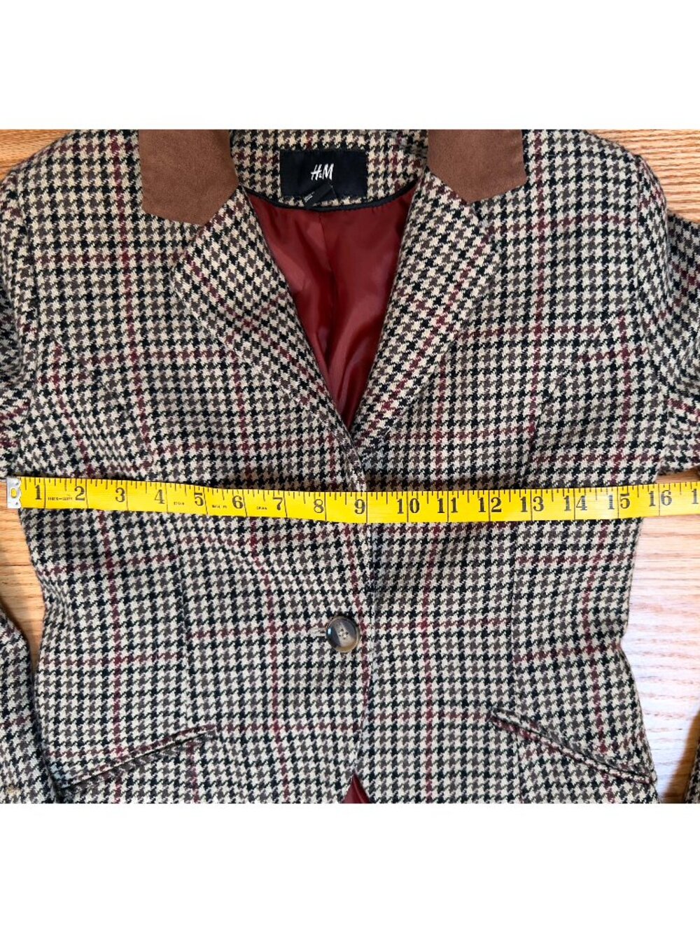 H&M Womens Wool Blend Houndstooth Blazer Equestrian Elbow Patch Jacket M/8 Brown - Picture 11 of 12